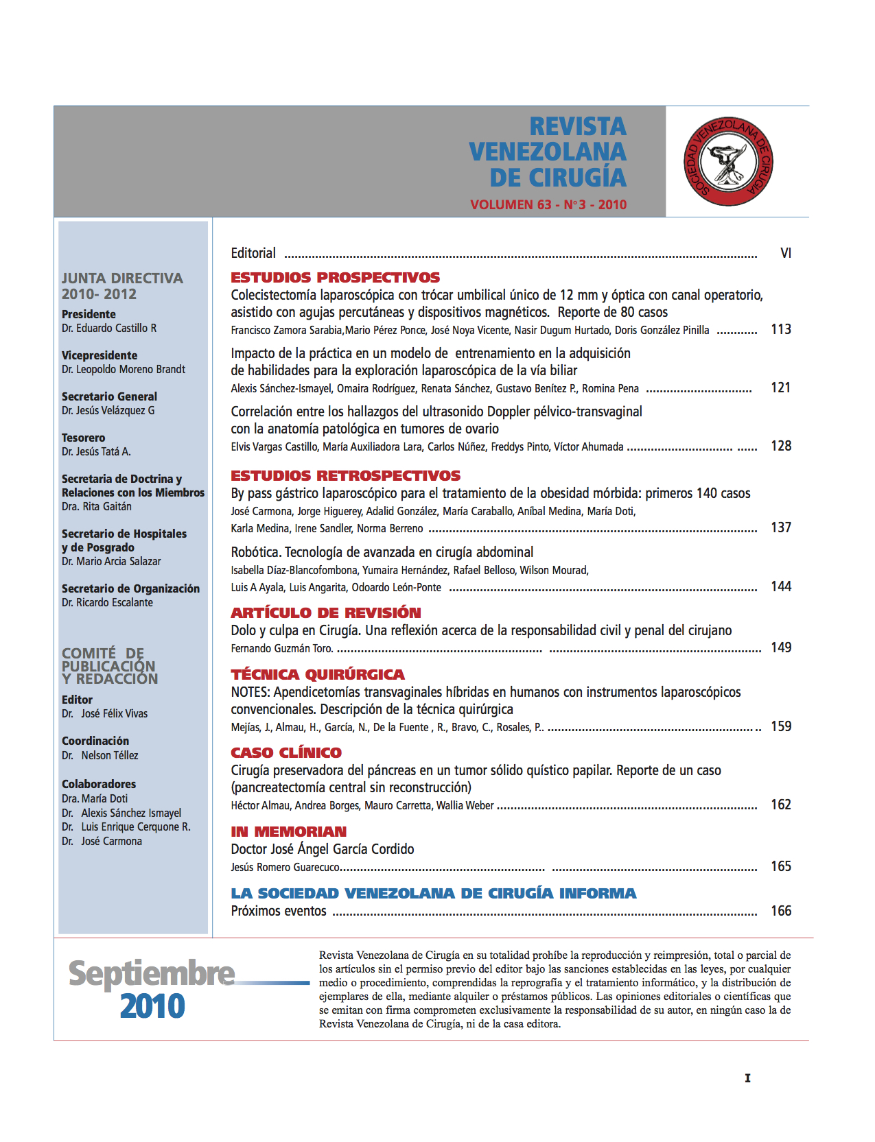 Portada Rev Venez Cir 2010;63(3)